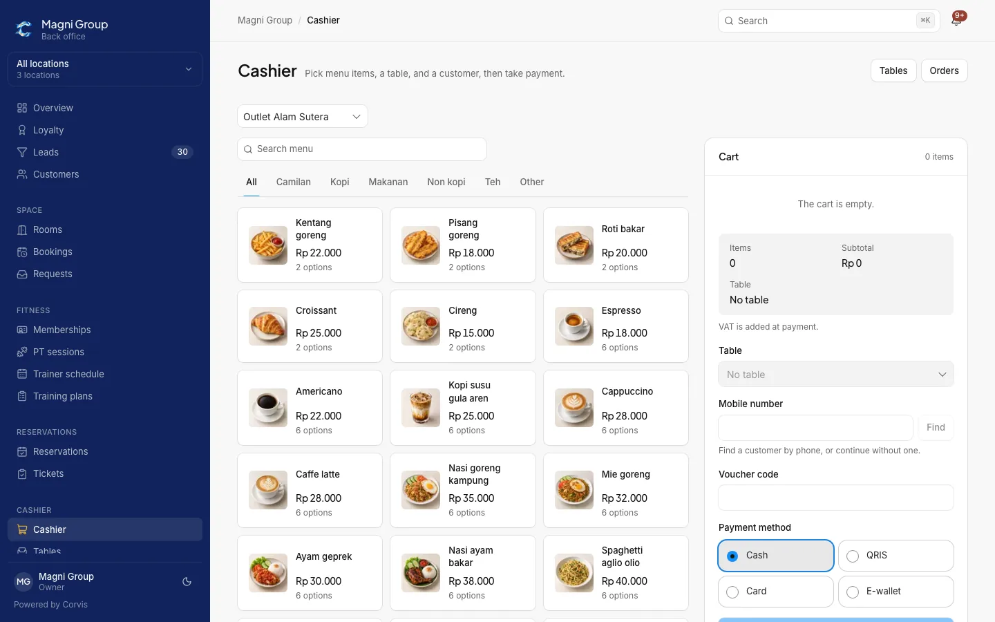 Cashier screen with the menu, the order cart, and payment methods