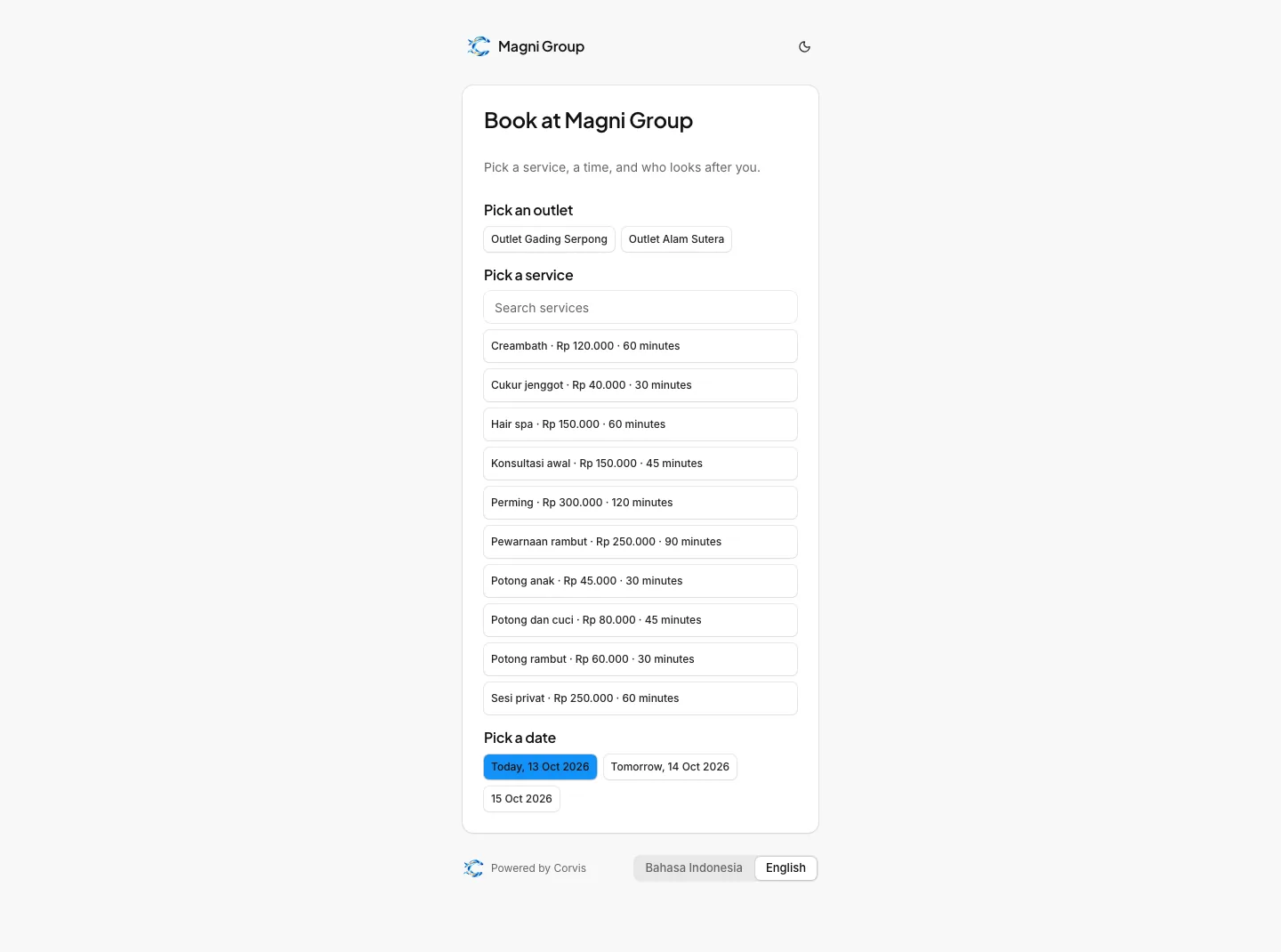 Public booking page: pick an outlet, a service, and a date